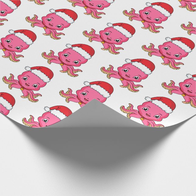 Cute happy octopus wearing Christmas hat cartoon Wrapping Paper (Corner)