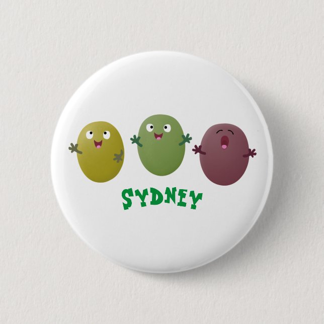 Cute happy olives singing cartoon button (Front)