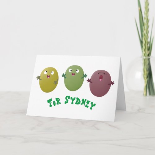Cute happy olives singing cartoon card