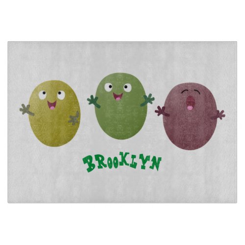 Cute happy olives singing cartoon cutting board