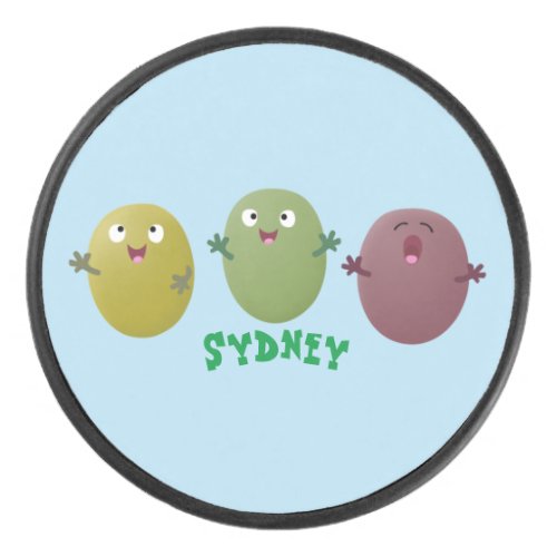 Cute happy olives singing cartoon hockey puck