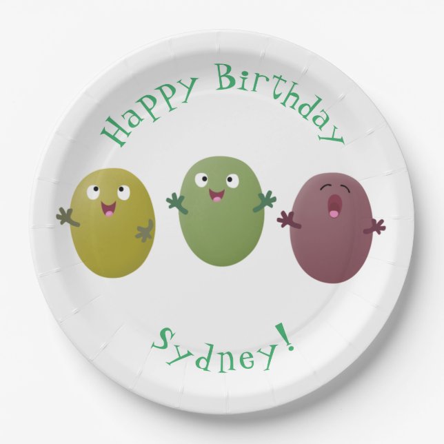 Cute happy olives singing cartoon paper plates (Front)