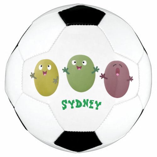 Cute happy olives singing cartoon soccer ball