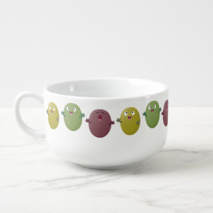 Cute happy olives singing cartoon soup mug