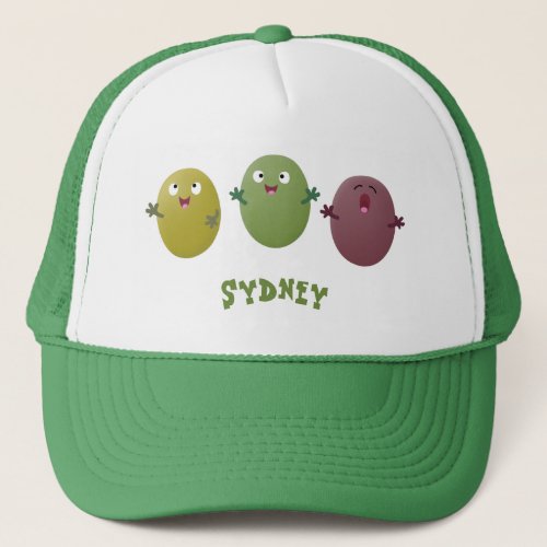 Cute happy olives singing cartoon trucker hat