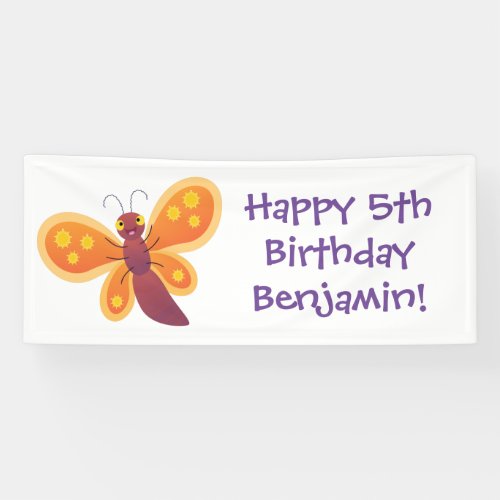 Cute happy orange butterfly cartoon illustration banner