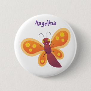 Cute happy orange butterfly cartoon illustration button