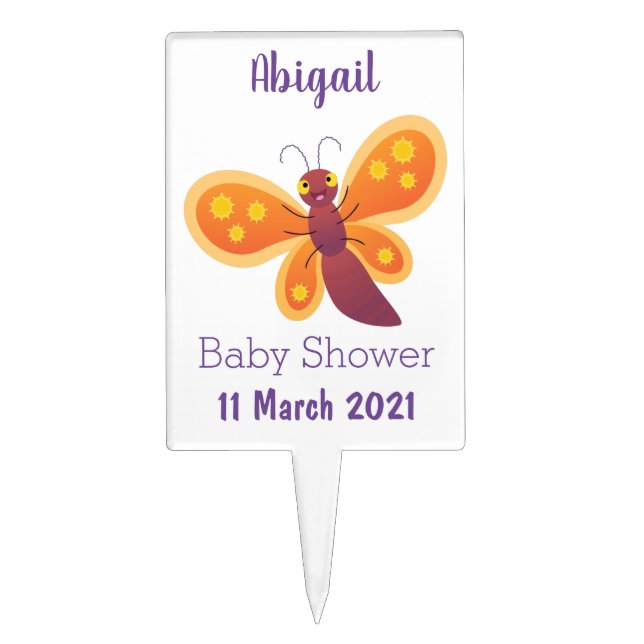 Cute happy orange butterfly cartoon illustration cake topper (Front)