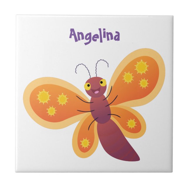 Cute happy orange butterfly cartoon illustration ceramic tile (Front)