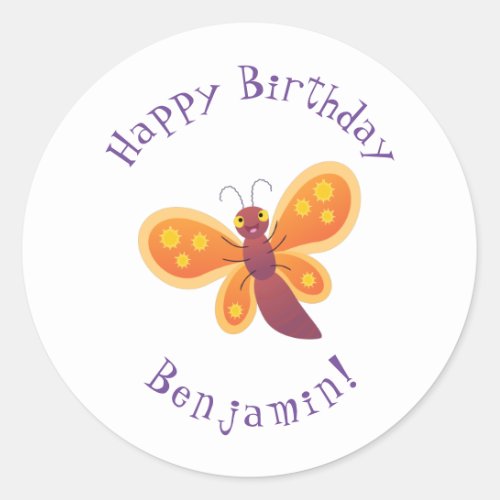 Cute happy orange butterfly cartoon illustration classic round sticker