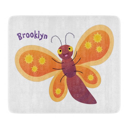 Cute happy orange butterfly cartoon illustration cutting board