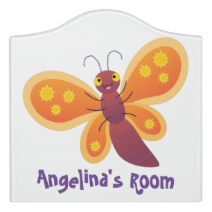 Cute happy orange butterfly cartoon illustration door sign