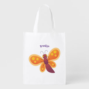 Cute happy orange butterfly cartoon illustration grocery bag
