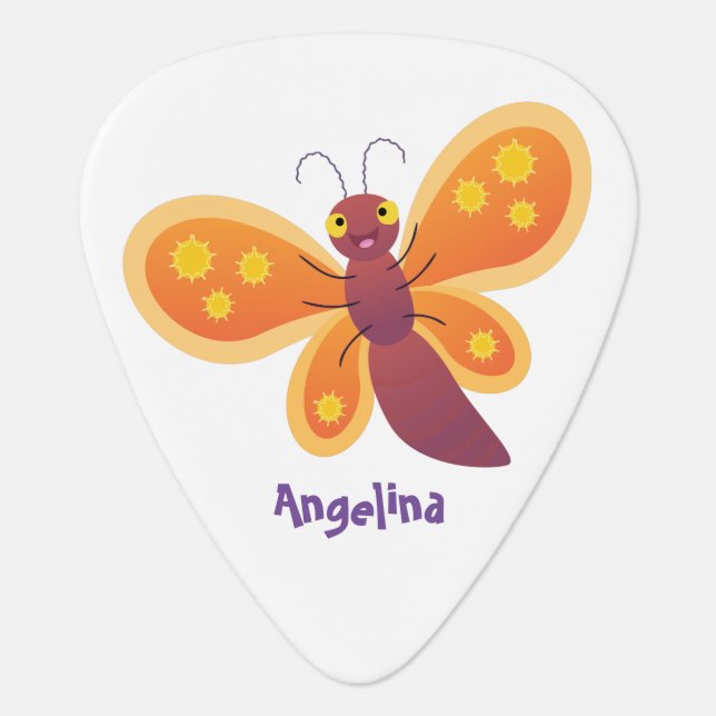 Cute happy orange butterfly cartoon illustration  guitar pick (Front)