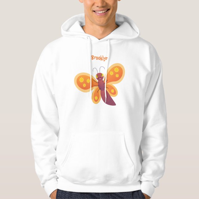 Cute happy orange butterfly cartoon illustration hoodie (Front)