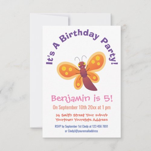 Cute happy orange butterfly cartoon illustration invitation