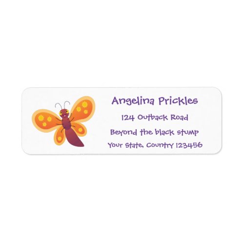 Cute happy orange butterfly cartoon illustration label