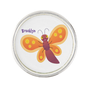 Cute happy orange butterfly cartoon illustration lapel pin