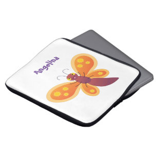 Cute happy orange butterfly cartoon illustration laptop sleeve