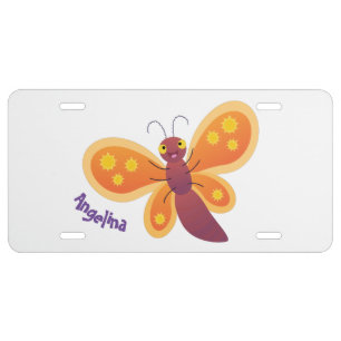 Cute happy orange butterfly cartoon illustration license plate