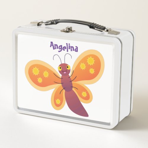 Cute happy orange butterfly cartoon illustration metal lunch box