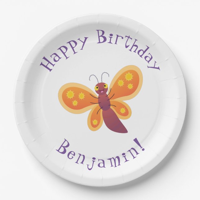 Cute happy orange butterfly cartoon illustration paper plates (Front)