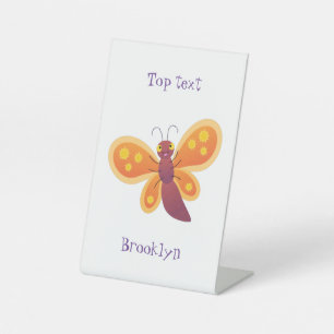 Cute happy orange butterfly cartoon illustration pedestal sign
