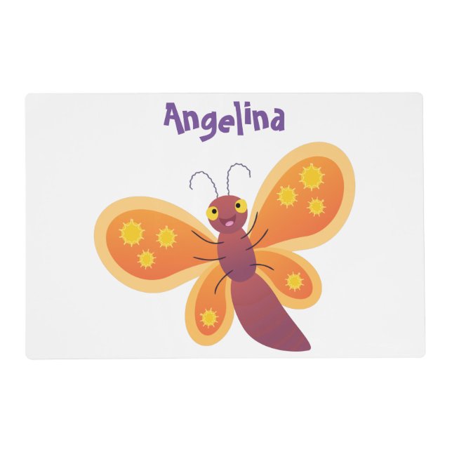 Cute happy orange butterfly cartoon illustration placemat (Front)