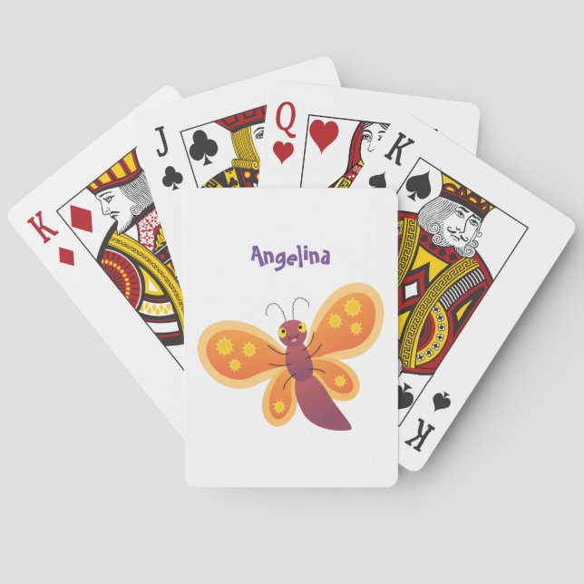 Cute happy orange butterfly cartoon illustration poker cards (Back)