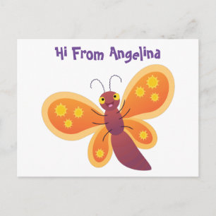 Cute happy orange butterfly cartoon illustration postcard