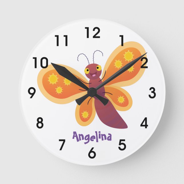 Cute happy orange butterfly cartoon illustration round clock (Front)