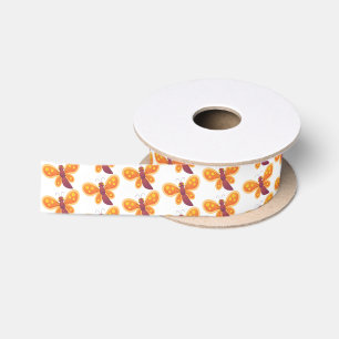 Cute happy orange butterfly cartoon illustration satin ribbon