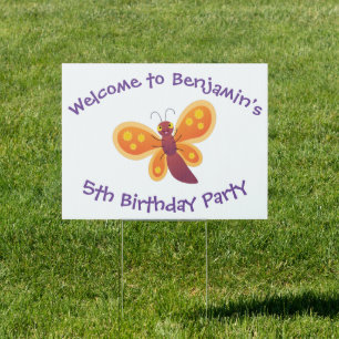Cute happy orange butterfly cartoon illustration sign