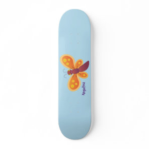 Cute happy orange butterfly cartoon illustration skateboard