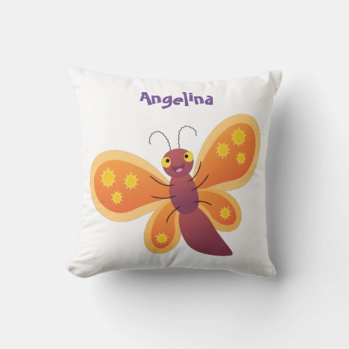 Cute happy orange butterfly cartoon illustration throw pillow