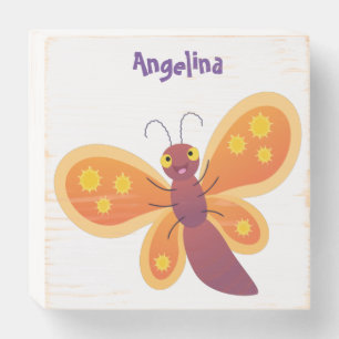 Cute happy orange butterfly cartoon illustration wooden box sign