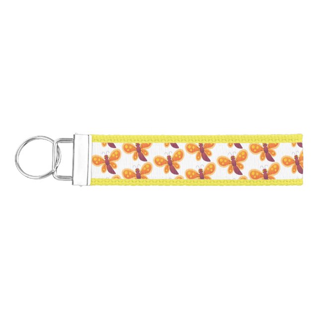 Cute happy orange butterfly cartoon illustration wrist keychain (Keys on Left)