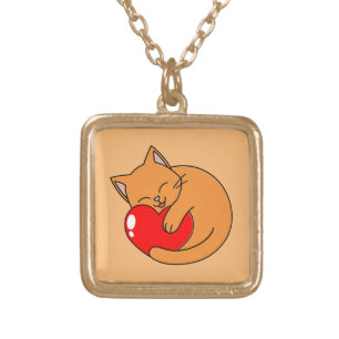 Cute Happy Orange Cat Holding Red Heart Gold Plated Necklace