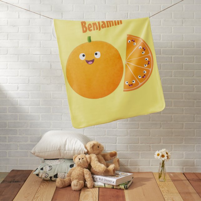 Cute happy orange citrus fruit cartoon baby blanket (In Situ)