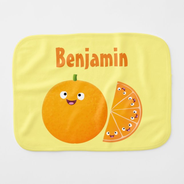 Cute happy orange citrus fruit cartoon baby burp cloth (Front Horizontal)