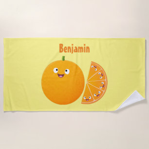 Cute happy orange citrus fruit cartoon beach towel