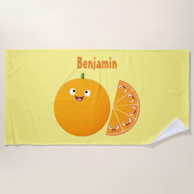 Cute happy orange citrus fruit cartoon beach towel (Front)