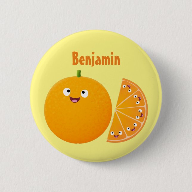 Cute happy orange citrus fruit cartoon button (Front)