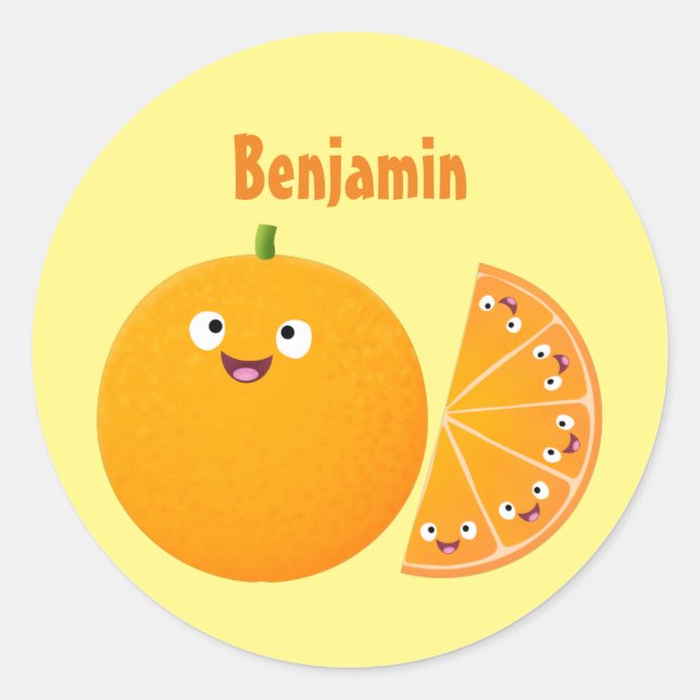 Cute happy orange citrus fruit cartoon classic round sticker (Front)