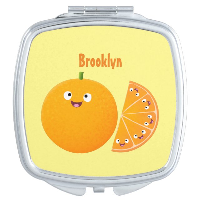 Cute happy orange citrus fruit cartoon compact mirror (Front)