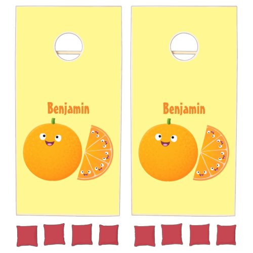Cute happy orange citrus fruit cartoon cornhole set