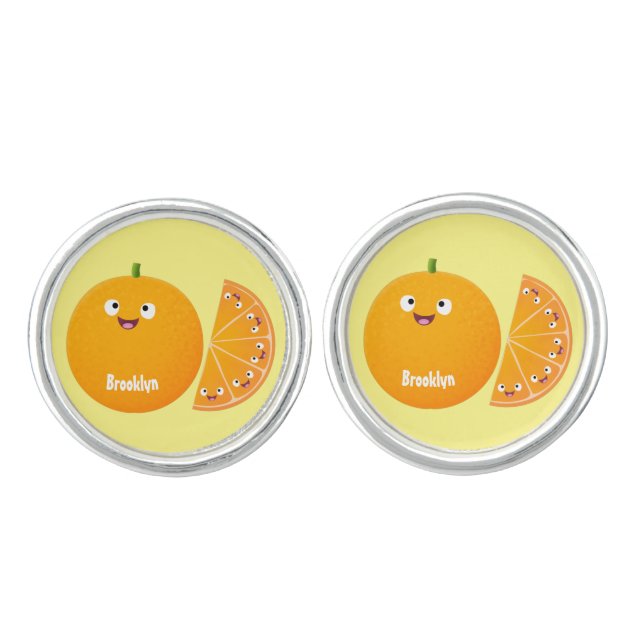 Cute happy orange citrus fruit cartoon cufflinks (Front)