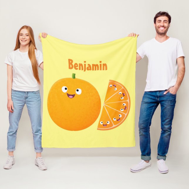 Cute happy orange citrus fruit cartoon fleece blanket (In Situ)