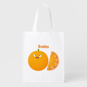 Cute happy orange citrus fruit cartoon grocery bag