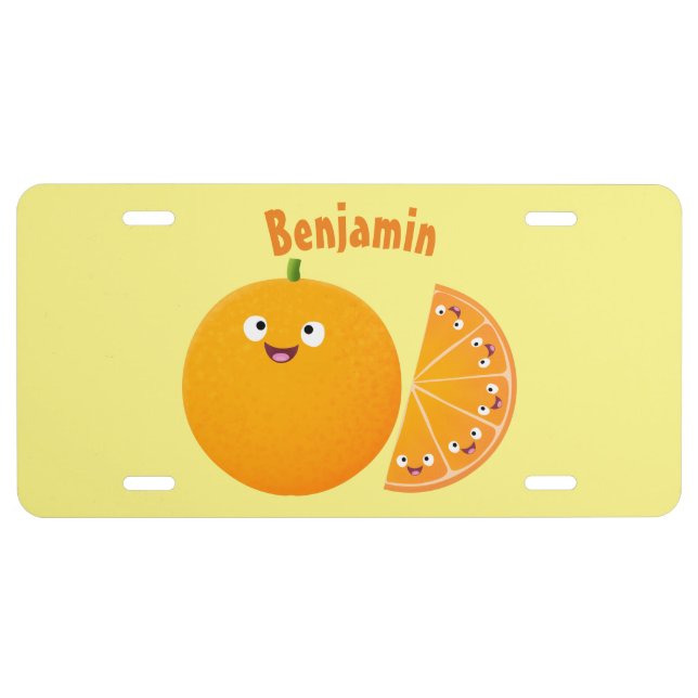 Cute happy orange citrus fruit cartoon license plate (Front)